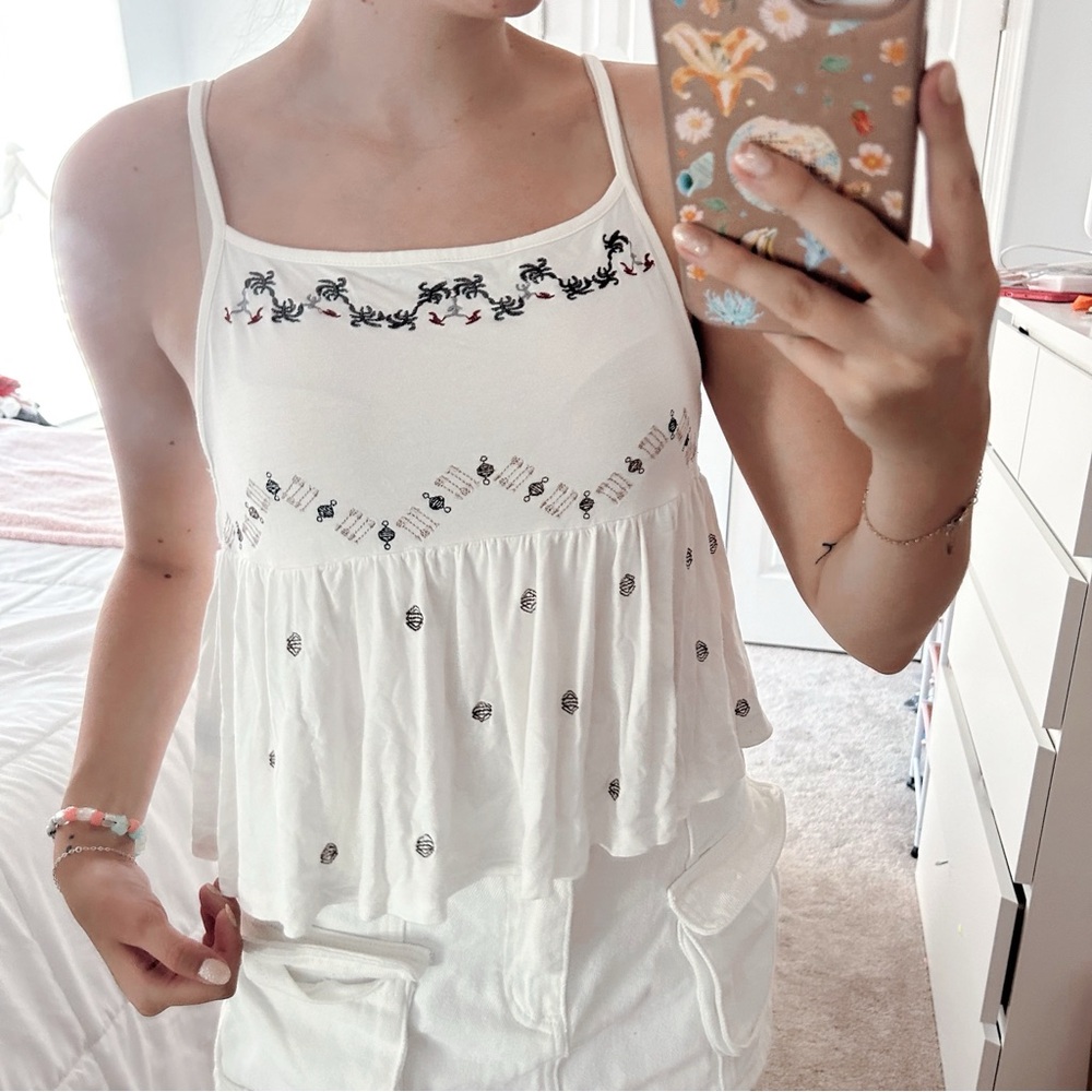 White Embroidered Flowy Tank with Cut-Out